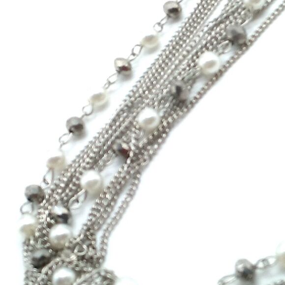 Faux Pearl Crystal Necklace Beaded Multi-Strand Layered Tassel Silver-tone Chain - Picture 8 of 16